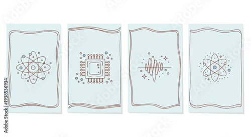 Science and Technology Icons: Atom, CPU Chip, Waveform, Atom