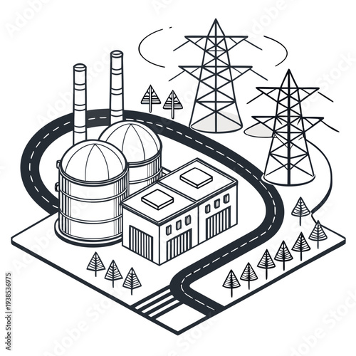 Isometric illustration of a nuclear power plant with transmission towers and road