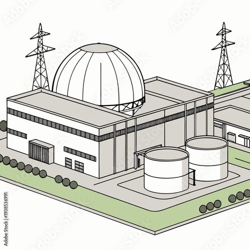 A 3d illustration of a nuclear power plant with a large dome and cooling towers
