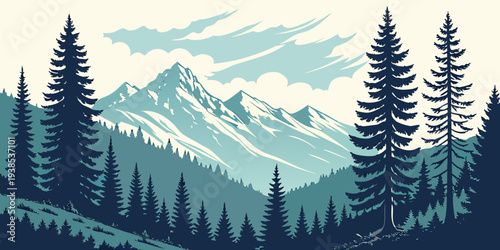 Majestic mountain range with snow-capped peaks and dense forests in a serene landscape Vector