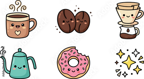 Kawaii flat vector coffee and donut icon set smiling coffee cup kettle beans pour over bitten donut playful pastel lighting