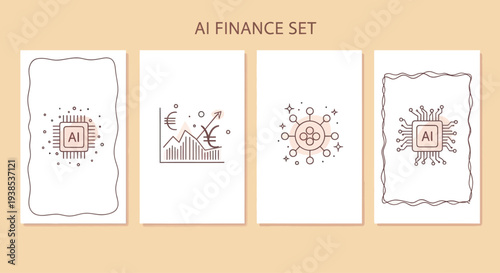 AI Finance Set: Microchip, Graph, Network Icons on Pastel Background