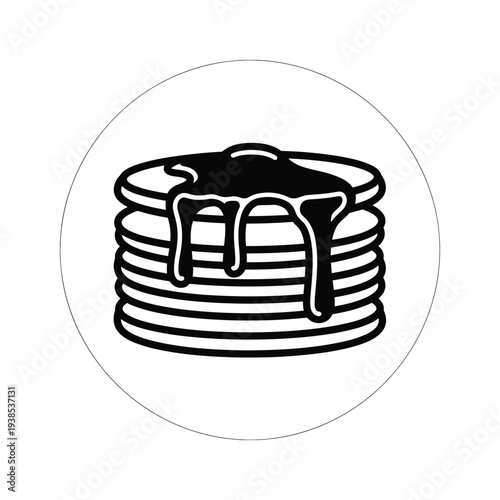 Minimalist Vector Illustration of a Pancake Stack with Dripping Syrup in Circle Frame