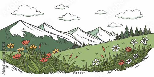 Vibrant mountain landscape with lush greenery and distant peaks Vector