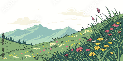 A serene landscape of rolling green hills under a clear blue sky Vector