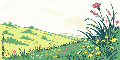 A single flower stands tall in a vast field of green grass under a clear blue sky Vector