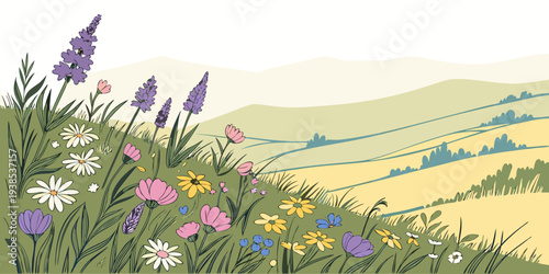 A vibrant field of wildflowers under a clear blue sky with rolling hills in the background Vector
