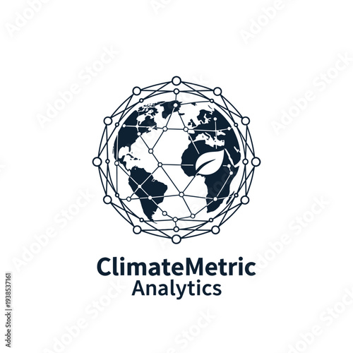Networked earth globe with leaf logo for climate data science and ecology ClimateMetric Analytics