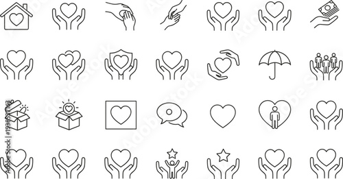 Black and white collection of 30 line icons representing care, love, charity, support, healthcare, community, and emotional connection for modern infographic, presentation, and educational design