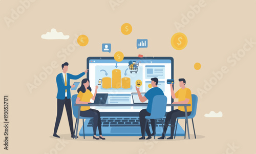 commerce meeting teams together design with clean lines and minimal shading on red pillars businessman making money coins online website from computer laptop