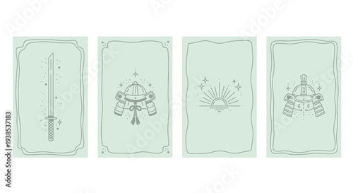 Samurai Helmet and Sword Minimalist Line Art Icons on Pastel Green Background