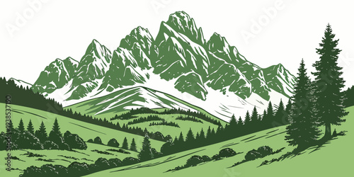 Majestic mountain range with lush greenery and clear blue skies Vector