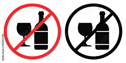 No Alcohol Prohibition Sign Icon, Red Circle Slash Symbol For Ban On Alcohol, Public Safety And Regulatory Warning Label, Flat Vector Illustration For Bars Restaurants And Restricted Areas.