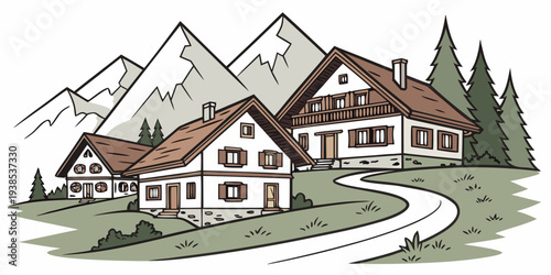 A picturesque mountain village with charming houses and a winding road. Vector