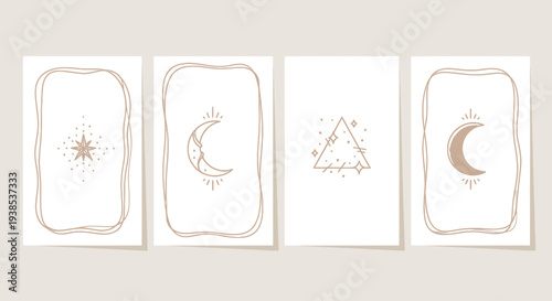 Bohemian Celestial Tarot Cards Set, Moon, Star, Triangle, Mystical Symbols, White Background