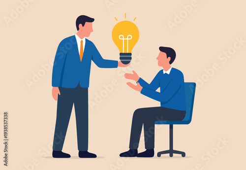 Business idea or solution offering, mentor give an advice, solution to solve business problem or help sharing creativity idea concept, smart businessman giving lightbulb idea to young employee.