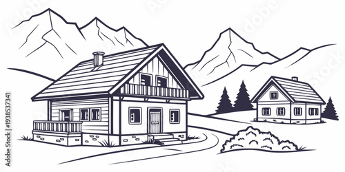 A charming mountain village with snow-capped peaks and cozy cabins nestled in the woods Vector