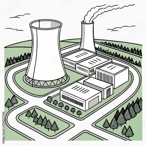 A black and white illustration of a nuclear power plant with cooling towers and buildings surrounded by trees and roads