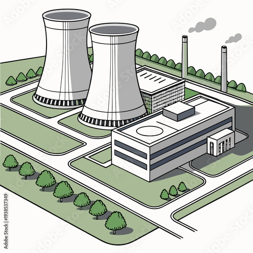An illustration of a nuclear power plant with cooling towers and a building on a green landscape
