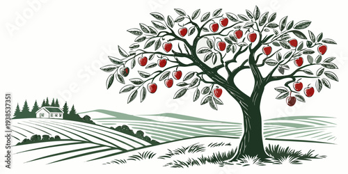 A majestic tree with vibrant autumn leaves standing tall on a hillside Vector