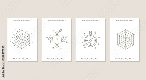 Abstract Geometric Designs: Cube, Molecule, Compass, Wireframe - Set of 4