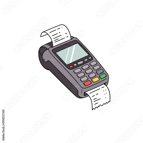 A detailed illustration of a modern credit card payment terminal with a printed receipt emerging from the slot.