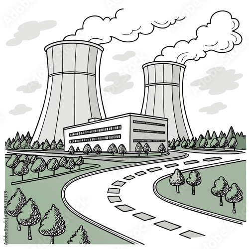 A black and white illustration of a nuclear power plant with cooling towers emitting steam into the atmosphere surrounded by trees and a winding road