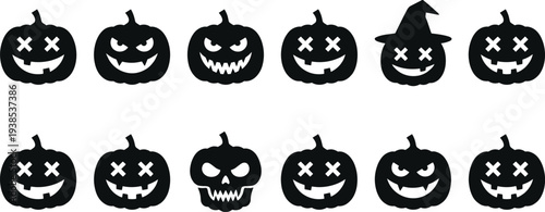 Halloween jack‑o’‑lantern silhouette faces collection with spooky expressions, witch hat, sharp teeth, X eyes, scary pumpkin designs perfect for seasonal decoratio