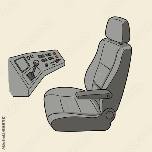 A grey driver's seat with armrests and a separate control panel featuring a joystick and buttons.