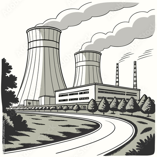 A black and white illustration of a nuclear power plant with cooling towers emitting smoke