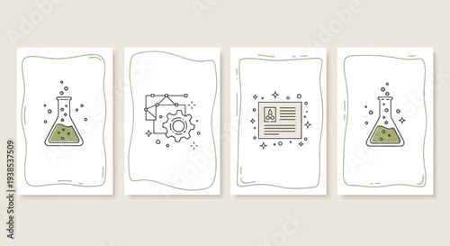 Abstract Science and Research Icons: Flask, Gear, ID Card