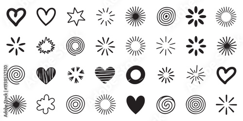 Set of hand-drawn doodle hearts, stars, and abstract burst shapes. Vector illustration of playful and whimsical design elements for decoration and creative projects.