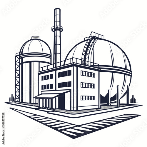A black and white illustration of a nuclear power plant with domed structures and a smokestack