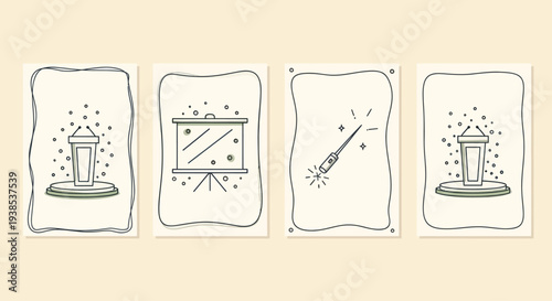 Presentation Icons: Podium, Whiteboard, Magic Wand, and Podium - Business Meeting Graphics