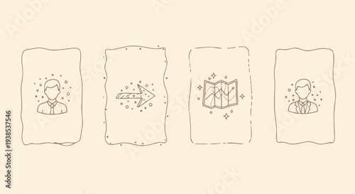 Hand-drawn icons: profile, arrow, map, profile on beige background