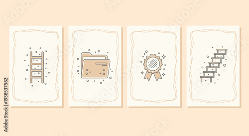 Business Success Symbols: Ladder, Folder, Award, Stairs - Vector Icons