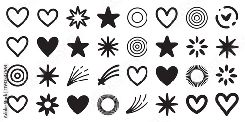 Variety of hand-drawn doodle hearts, stars, abstract shapes, and a shooting star. Vector collection for playful and imaginative design projects.