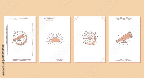 Set of 4 minimalist business vision posters with telescope, sunrise, target