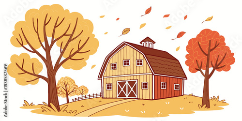 A picturesque autumn scene with a house surrounded by colorful trees and falling leaves. Vector