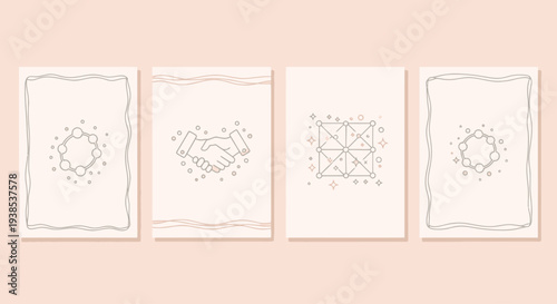 Handshake, Connection, and Network Icons on Minimalist Cards