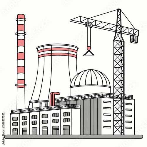 A black and white illustration of a nuclear power plant with a crane and smokestack