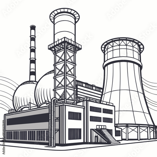 A black and white illustration of a nuclear power plant with cooling towers
