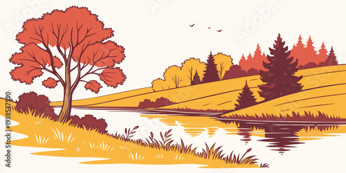 A serene autumn landscape with a single tree standing tall amidst a field of grass Vector