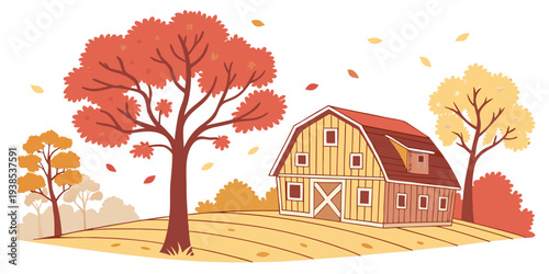 A picturesque autumn scene with a large tree and a small house in the background. Vector
