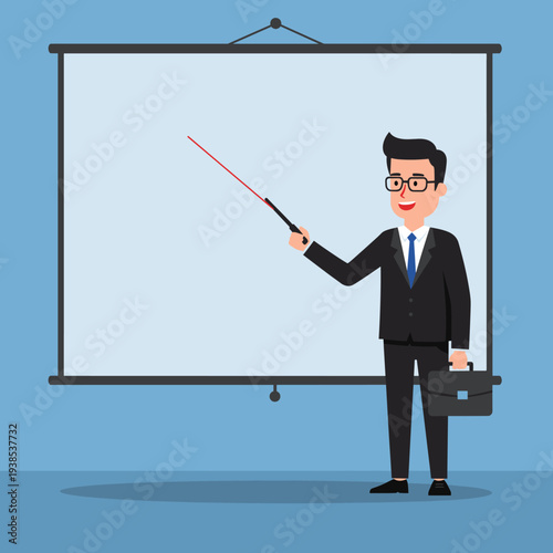 A businessman in a suit and glasses holding a laser pointer and briefcase, standing in front of a blank projection screen, ready for a presentation.