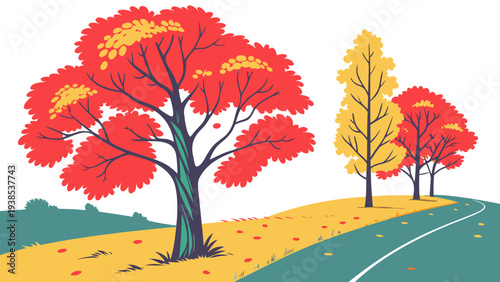 Vibrant autumn trees lining a winding road in a rural landscape Vector