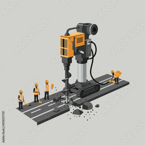 Construction workers and a large drilling machine are working on a road, breaking up the asphalt.