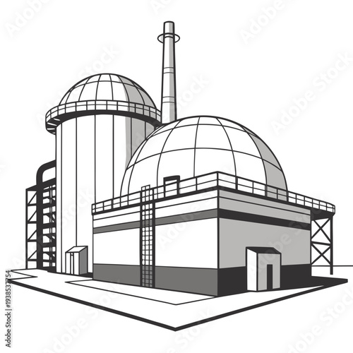 A black and white illustration of a nuclear power plant with domed structures and a smokestack