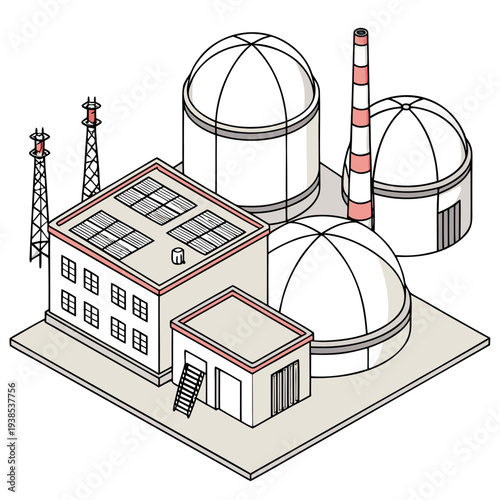 Isometric illustration of a nuclear power plant with cooling towers and domed structures on a for energy infrastructure concepts