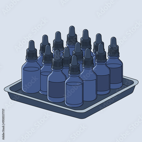 A collection of dark blue glass dropper bottles arranged neatly on a grey tray.